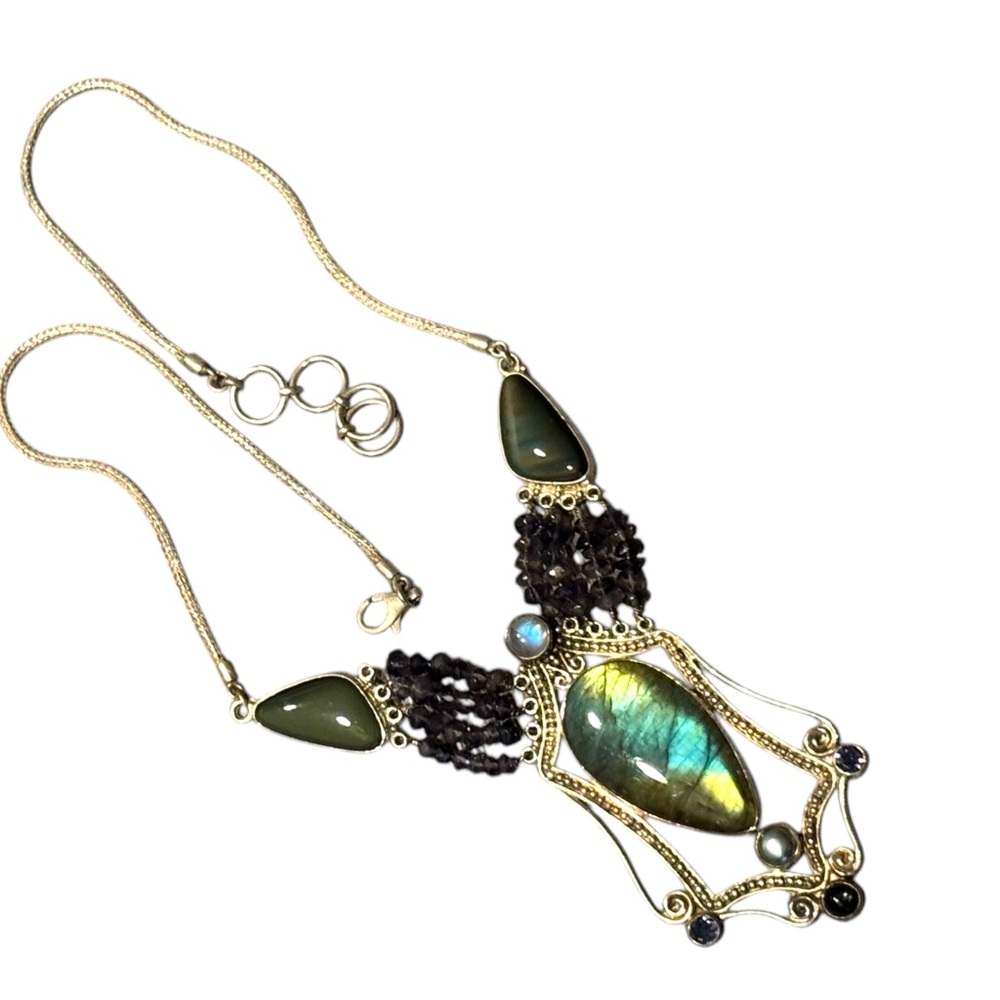 Bohemian Sajen 925 Sterling Labradorite amethyst onyx Statement necklace